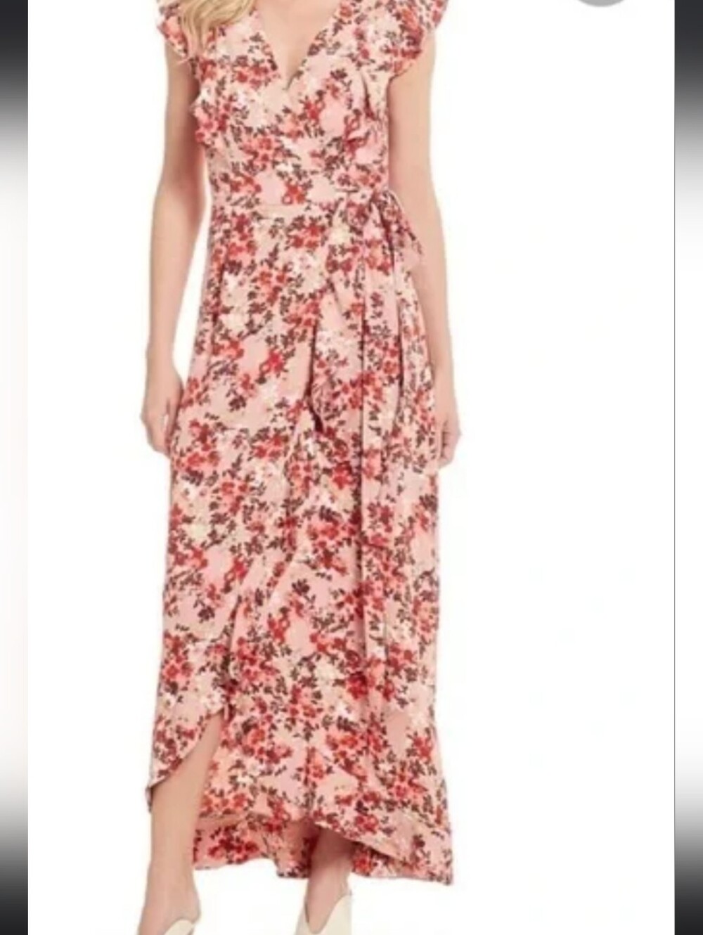 Wayf Blush Floral Ruffle Wrap Dress